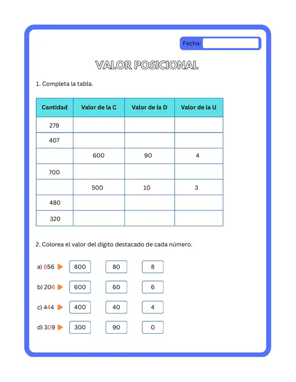 3° básico - Ficha de aprendizaje "Valor posicional"