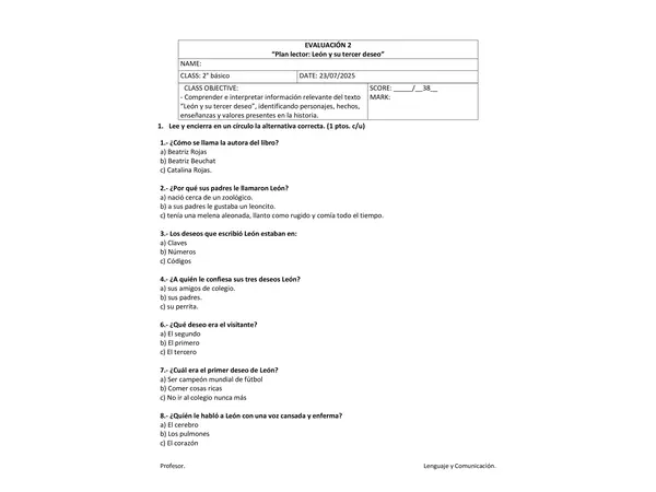Evaluación Plan lector "león y su tercer deseo"