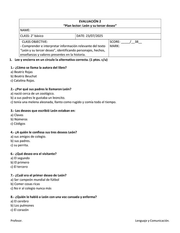 Evaluación Plan lector "león y su tercer deseo"