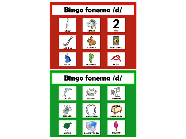 Bingo Fonema D: Posición Inicial, Media y Final