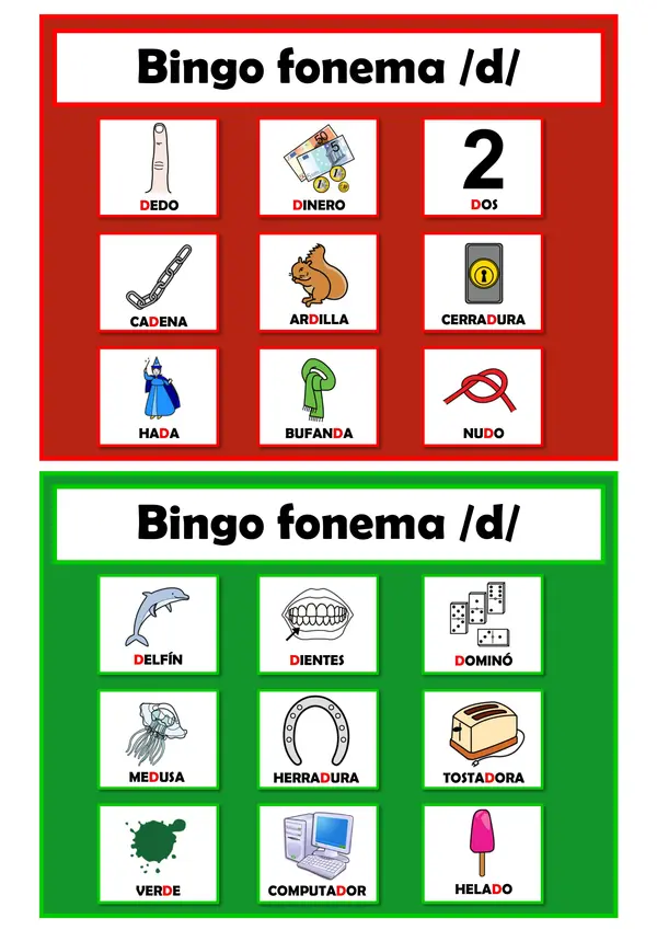 Bingo Fonema D: Posición Inicial, Media y Final