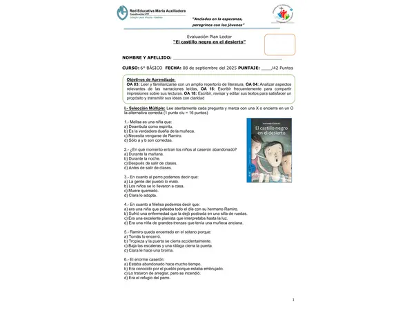 Evaluación Plan Lector "El castillo negro en el desierto"