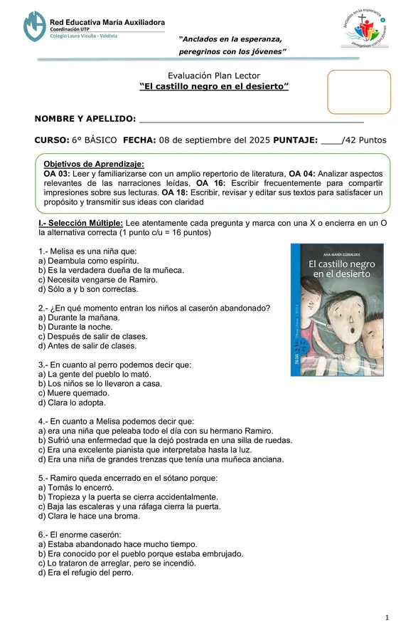 Evaluación Plan Lector "El castillo negro en el desierto"