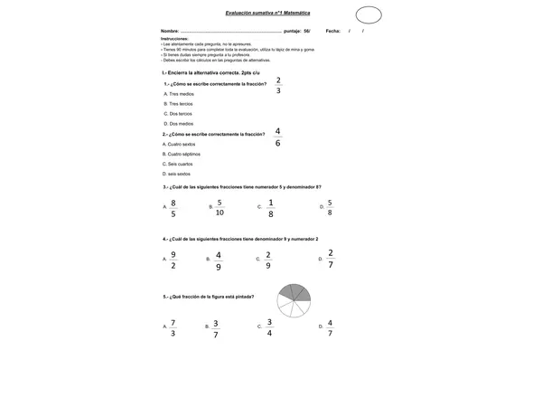 evaluación fracciones 4to básico