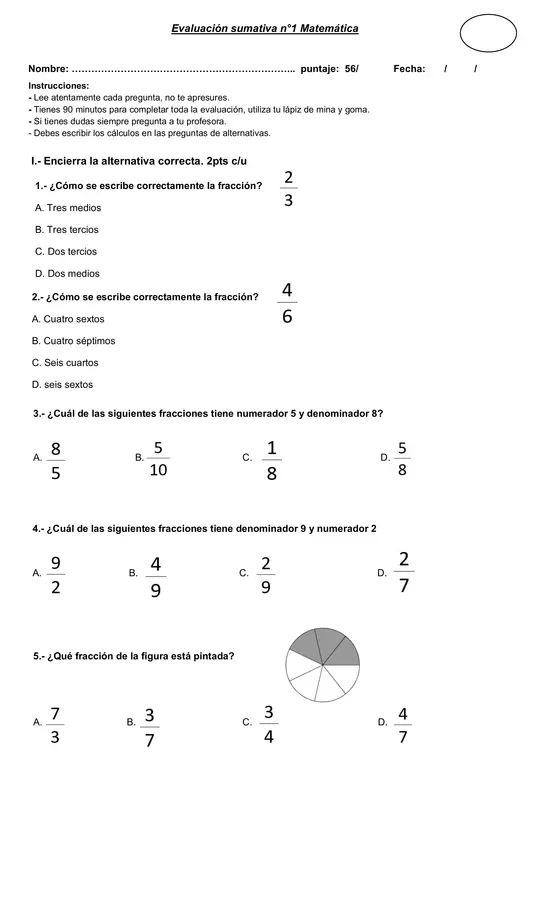 evaluación fracciones 4to básico