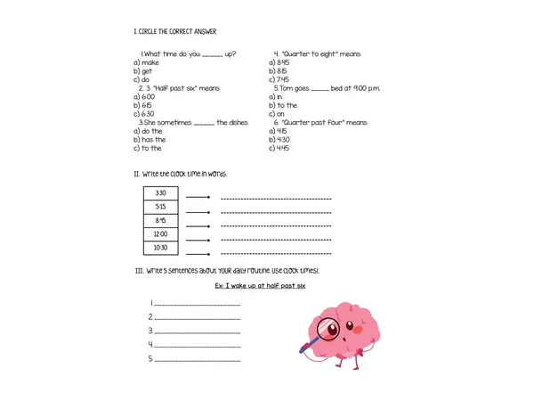 Daily Routines and Telling the Time Worksheet - 5th Grade English