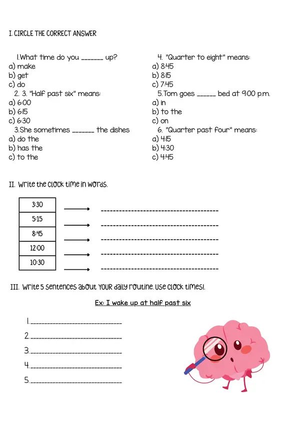 Daily Routines and Telling the Time Worksheet - 5th Grade English