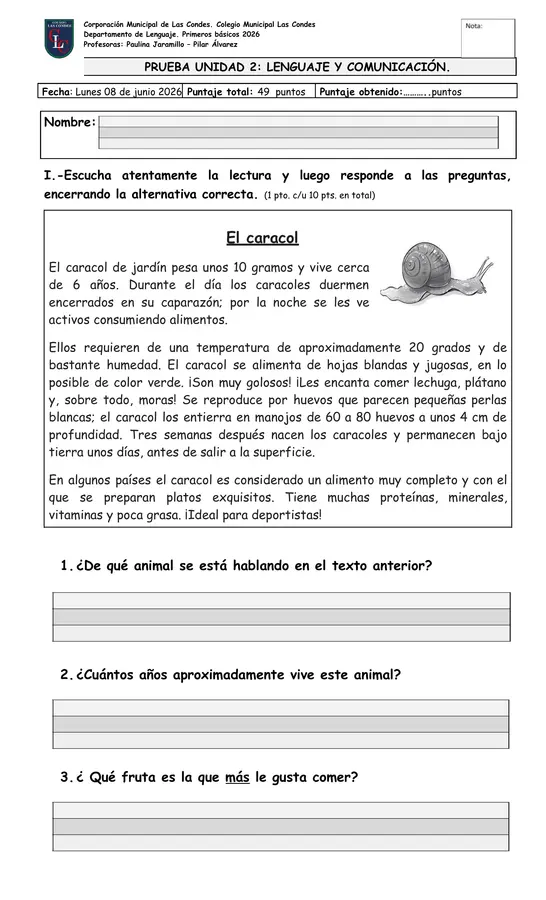 Prueba 1ero básico lenguaje