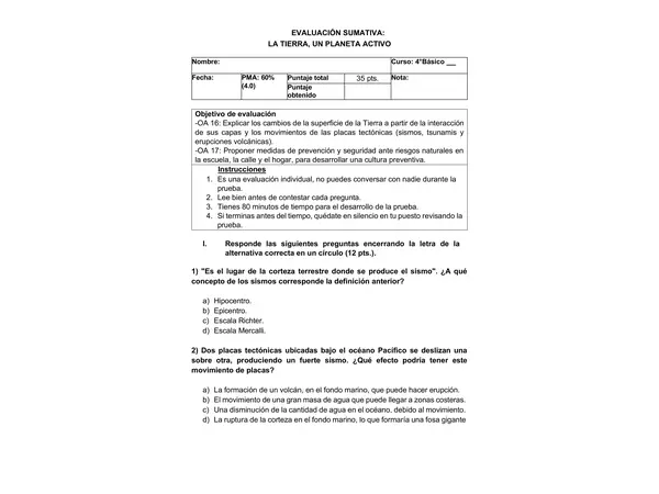 Evaluación Sumativa – La Tierra, un planeta activo (4° Básico)