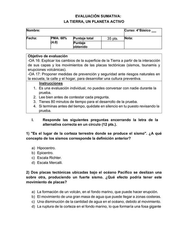Evaluación Sumativa – La Tierra, un planeta activo (4° Básico)