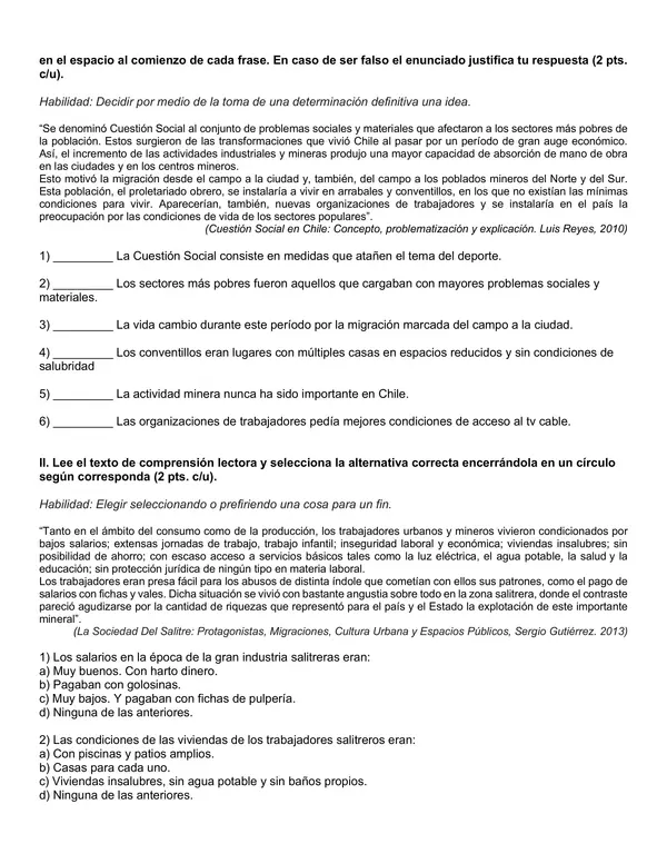 Prueba de Historia para sexto básico: Unidad 3 “Chile entre fines del siglo XIX y el siglo XX”