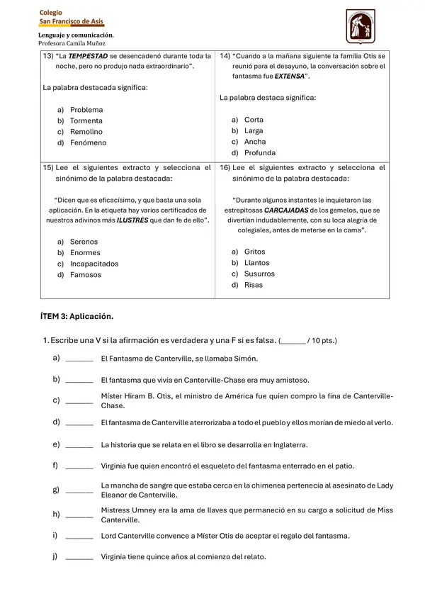Evaluación libro El fantasma de Canterville.
