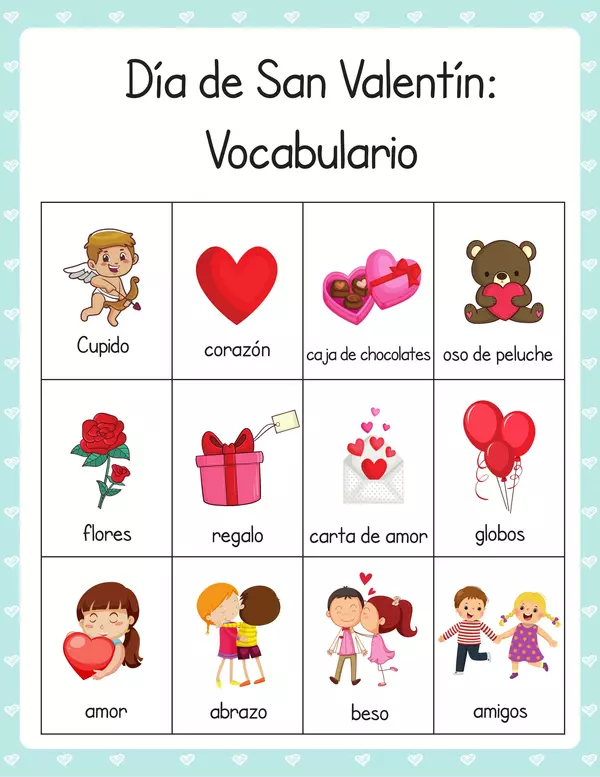 Vocabulario de San Valentín Español | Imprimible