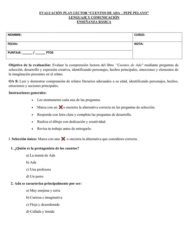 Evaluación Plan Lector: “Cuentos de Ada” – Pepe Pelayo