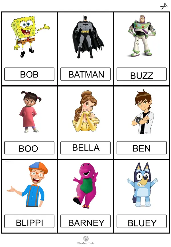 Tarjetas. Personajes animados con inicial A-Z. Tres fuentes. | profe.social