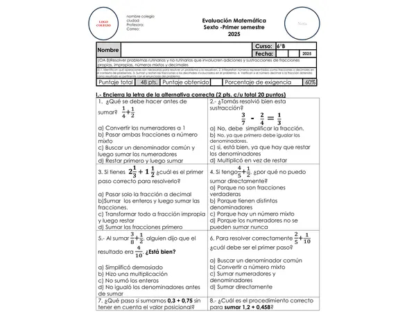 Matemática 6° Resolución de problemas con adición y sustracción de fracciones y decimales (OA 8)
