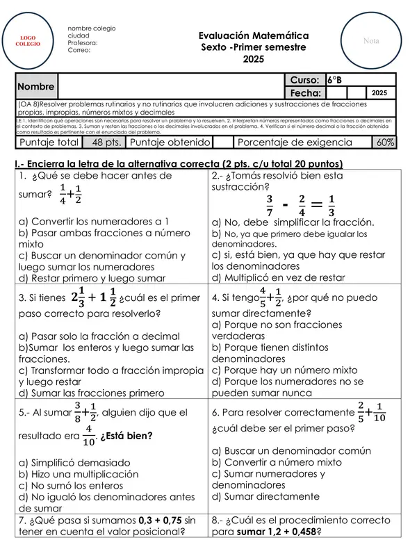 Matemática 6° Resolución de problemas con adición y sustracción de fracciones y decimales (OA 8)