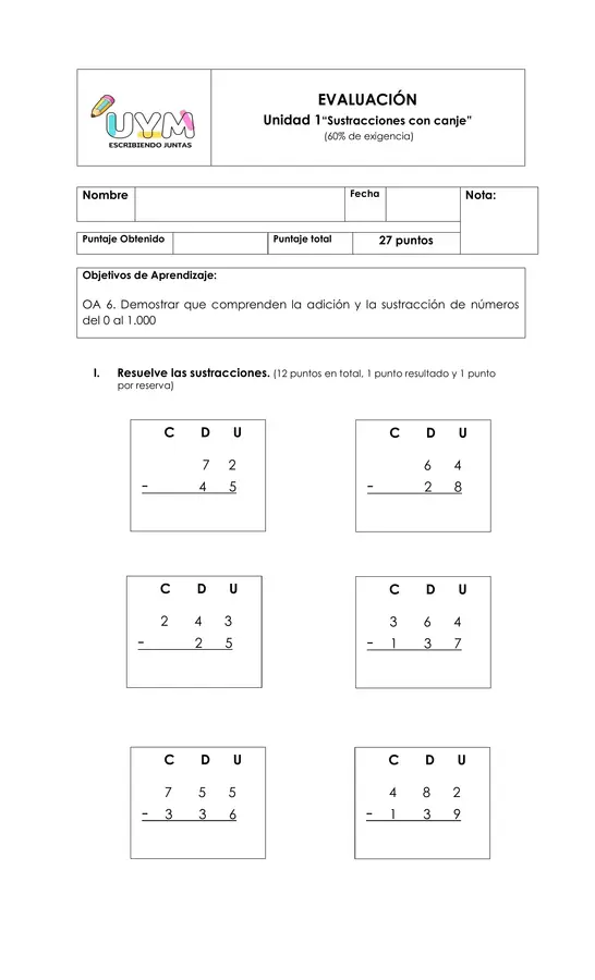 evaluación Matemática “Sustracciones con canje”