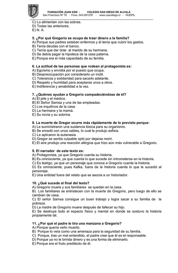 📘 Control de Lectura: La Metamorfosis – Franz Kafka