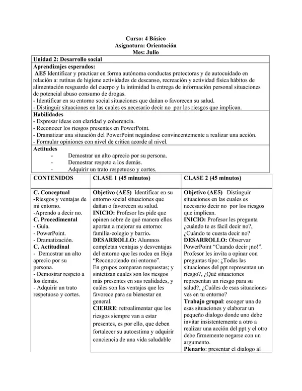 Planificación Clase a Clase: Julio | Orientación Cuarto Básico