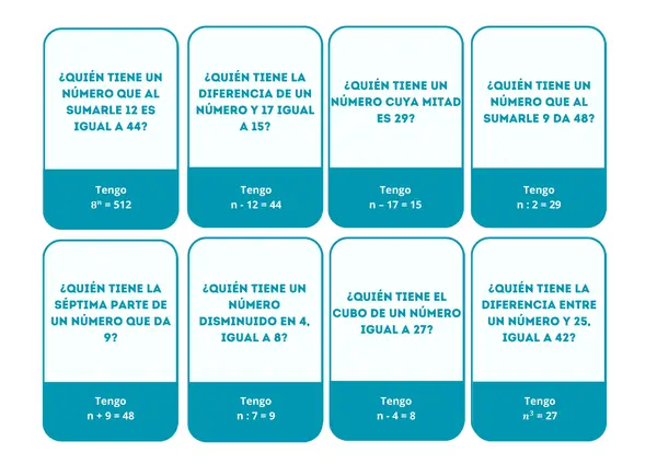 Tarjetas educativas para emparejar ecuaciones. Lenguaje coloquial y simbólico
