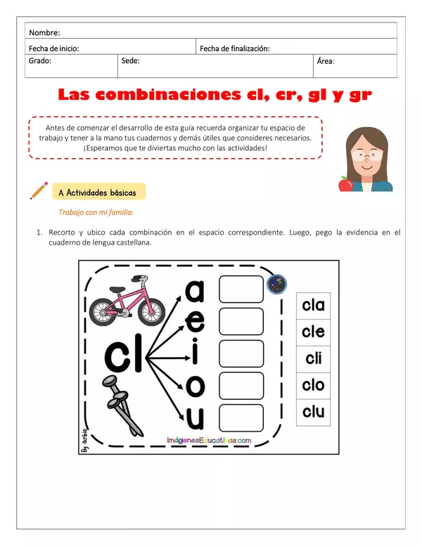 Guía lengua castellana "Combinaciones cl, cr, gl y gr" 