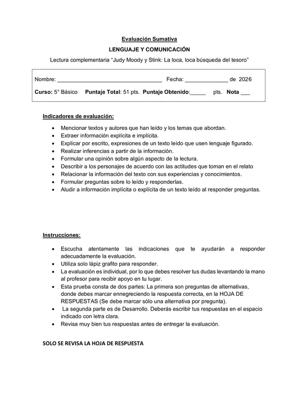 Evaluación Judy Moody y Stink, la loca, loca búsqueda del tesoro