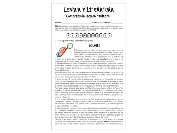 Guía de trabajo - Comprensión lectora Milagro - 8° (Lengua y literatura)