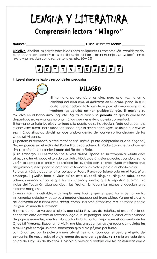 Guía de trabajo - Comprensión lectora Milagro - 8° (Lengua y literatura)