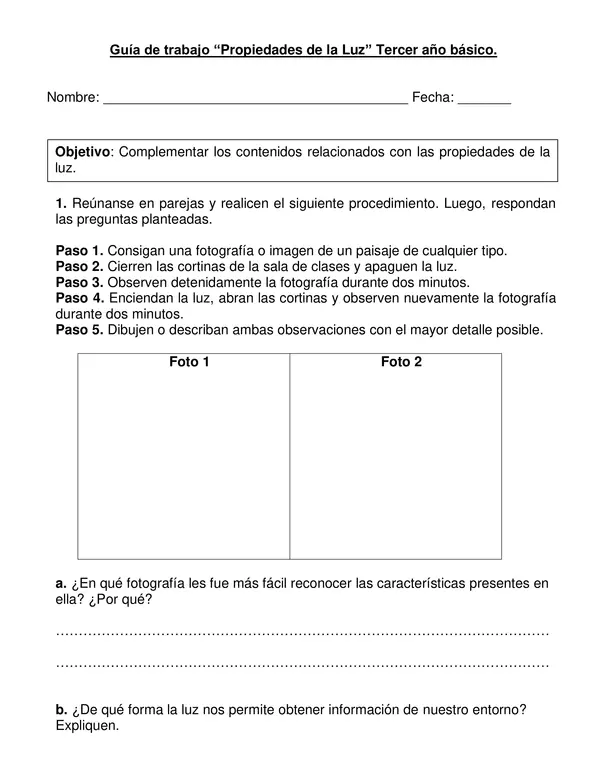 Guía de ciencias "Propiedades de la luz" Tercer año.