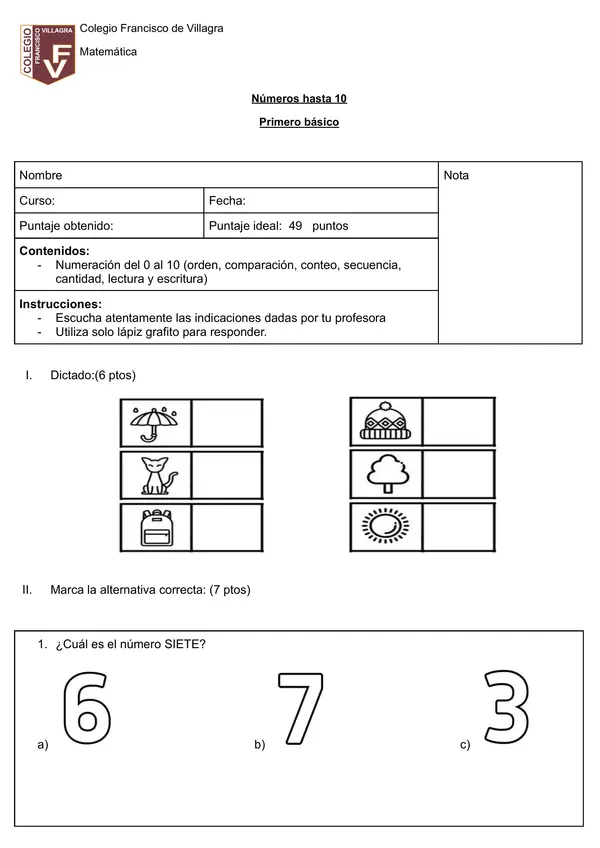 Evaluación números 0 al 10