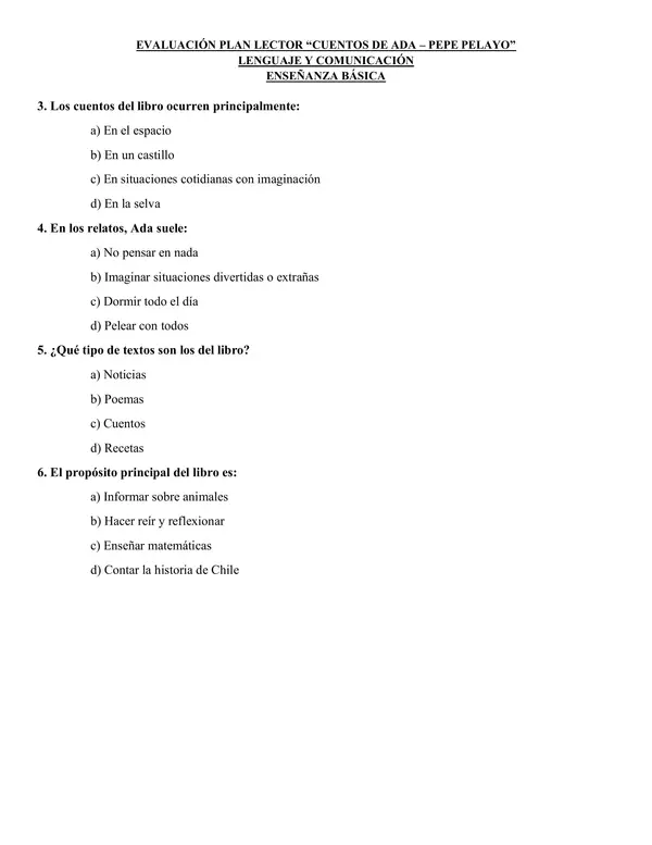 Evaluación Plan Lector: “Cuentos de Ada” – Pepe Pelayo