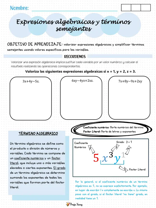 Expresiones algebraicas y reducción de términos semejantes