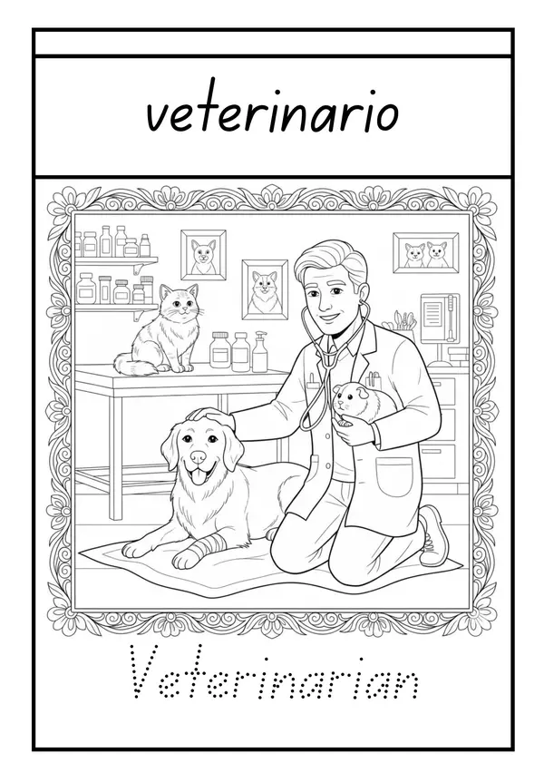 Profesiones y Oficios. Coloring Book español-inglés