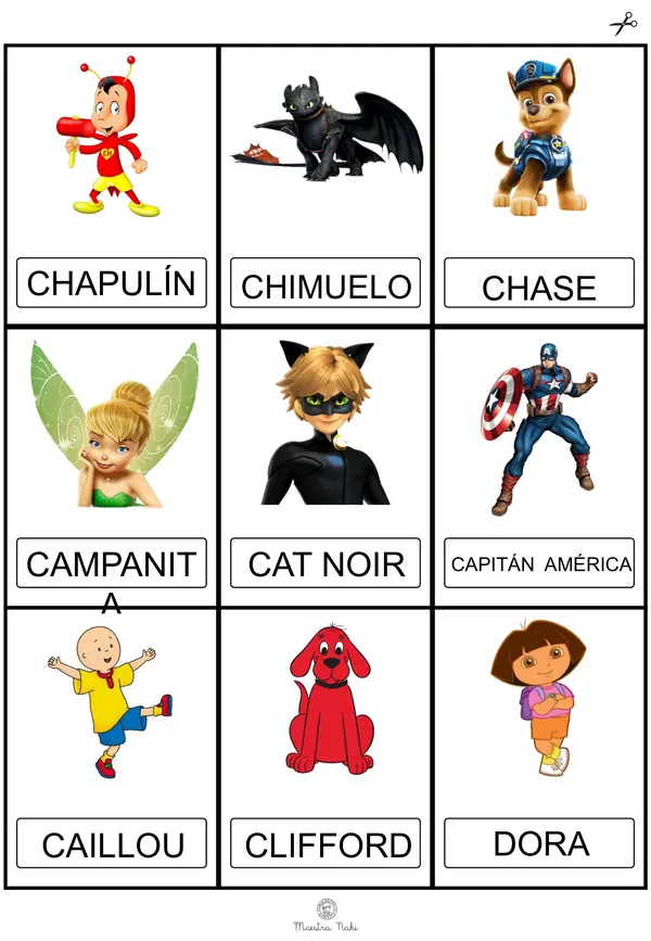 Tarjetas. Personajes animados con inicial A-Z. Tres fuentes. | profe.social