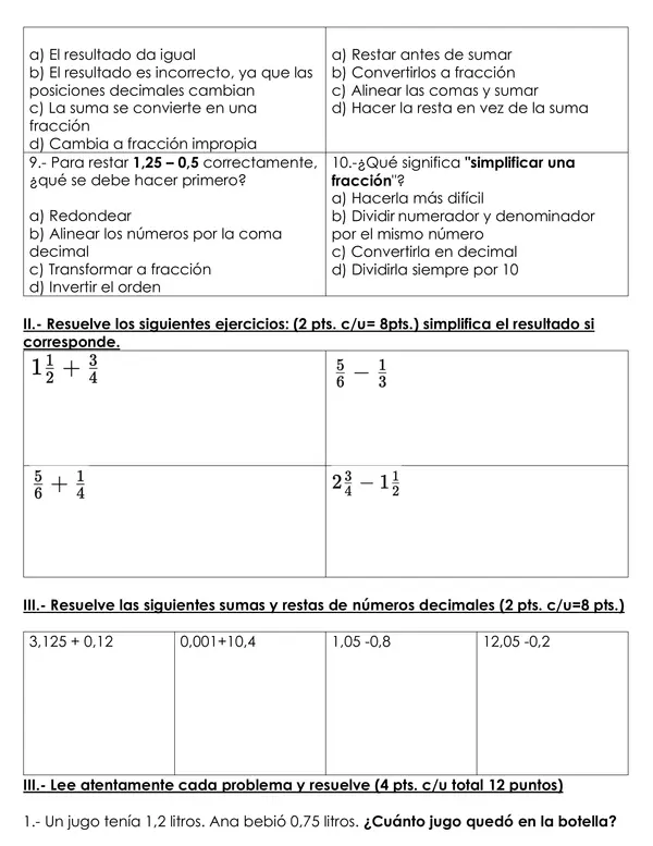 Matemática 6° Resolución de problemas con adición y sustracción de fracciones y decimales (OA 8)