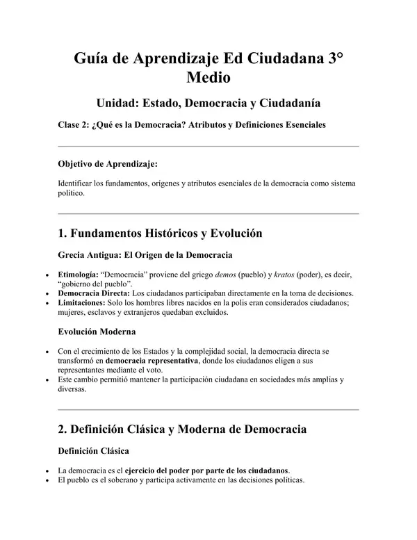 Clase N°2 Ed Ciudadana 3°M Guía sobre el concepto de democracia.