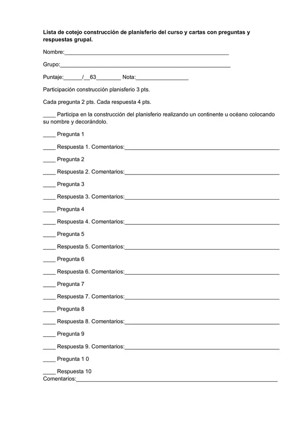 Lista de cotejo construcción de planisferio del curso y cartas con preguntas y respuestas grupal.
