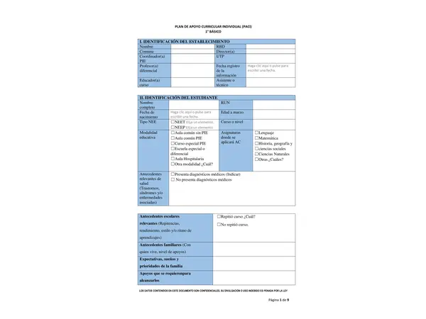 Documento PACI Plan de Adecuación Curricular Individual 1º básico.