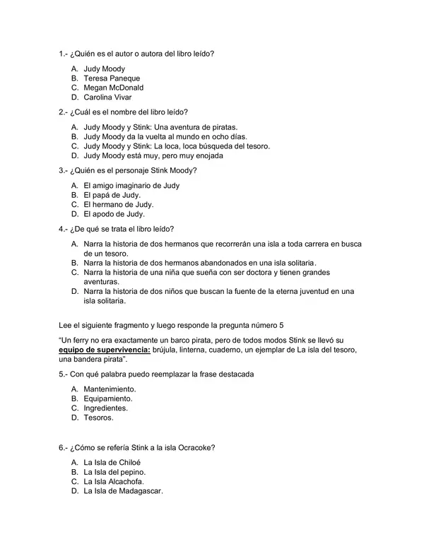 Evaluación Judy Moody y Stink, la loca, loca búsqueda del tesoro