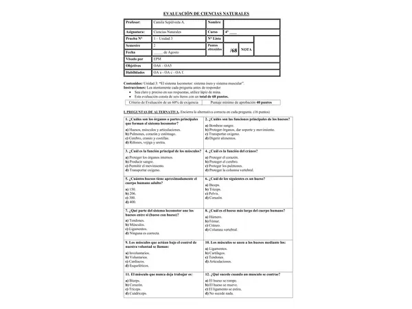 EVALUACIÓN SISTEMA LOCOMOTOR 4° BÁSICO