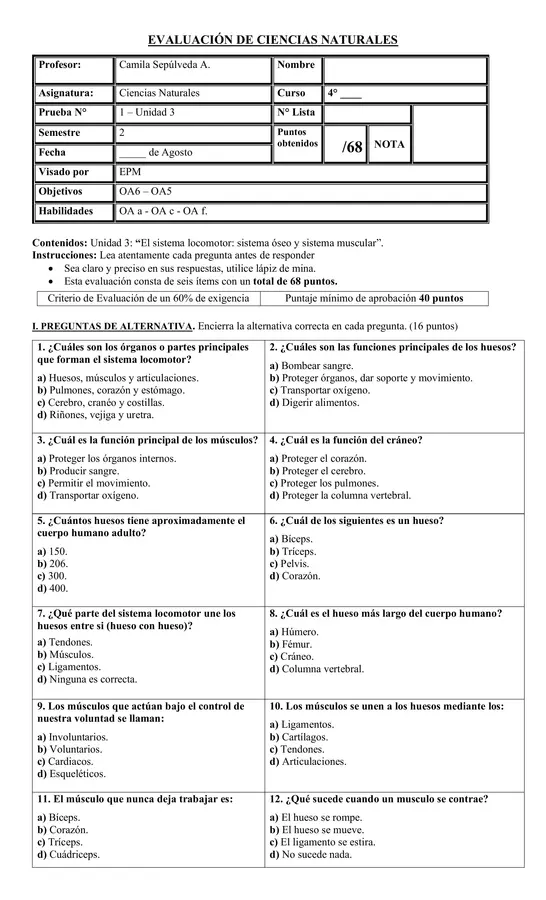 EVALUACIÓN SISTEMA LOCOMOTOR 4° BÁSICO