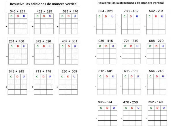 Adiciones y sustracciones de 3 dígitos