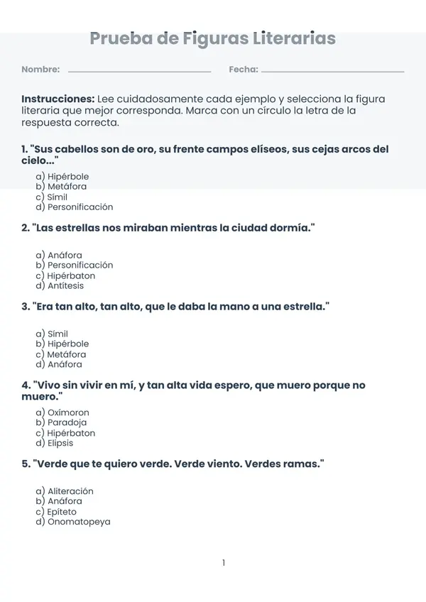 Evaluación de figuras literarias de selección múltiple (Con respuestas)