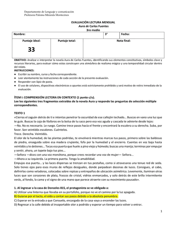 Evaluación libro "Aura"