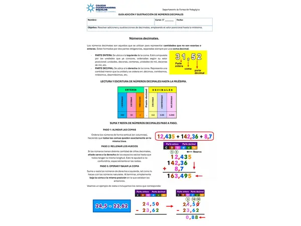 ADICIÓN Y SUSTRACCIÓN N° DECIMALES 