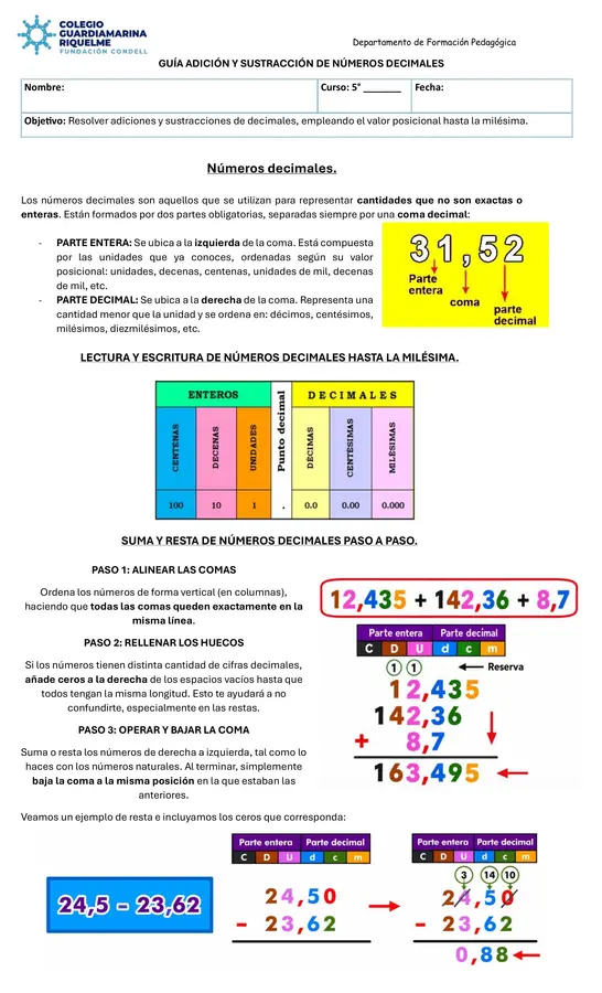 ADICIÓN Y SUSTRACCIÓN N° DECIMALES 