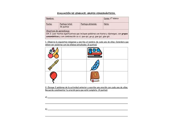 Prueba grupos consonánticos o sílabas trabadas
