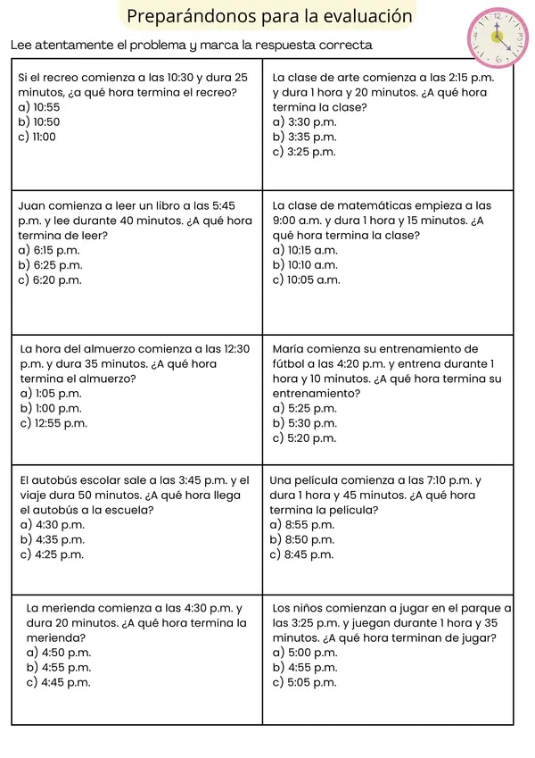 Prueba Matemática: El Tiempo - Leer y Calcular Horas y Minutos 