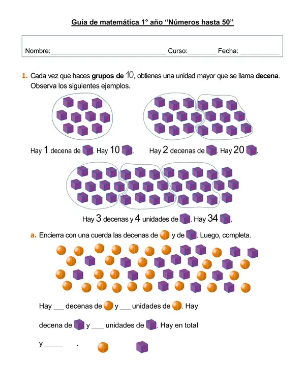 Guía de matemática 1° año "Números hasta 50"